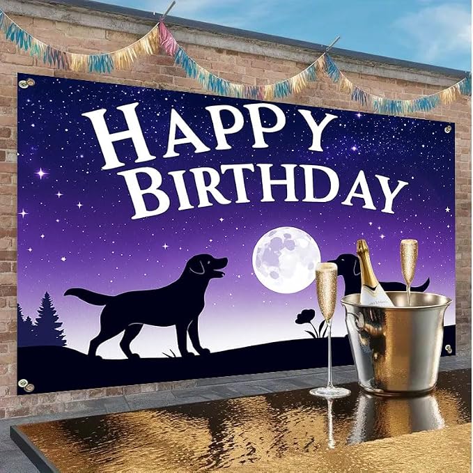 Happy Birthday Banner 71x43 Inch Dog Silhouette Moon Night Sky Backdrop - Image 7