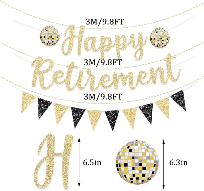 Pre Strung Happy Retirement Banner Party Decorations Gold Black Glitter Sign - Image 3