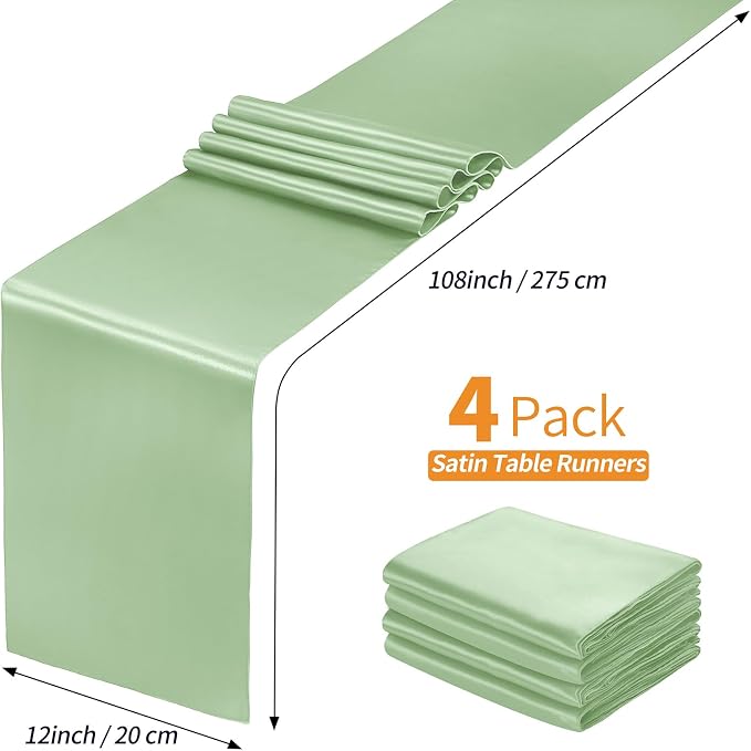 SiinvdaBZX 4 Pcs Sage Green Satin Table Runner 12 x 108 inches Long | Bright - Image 4