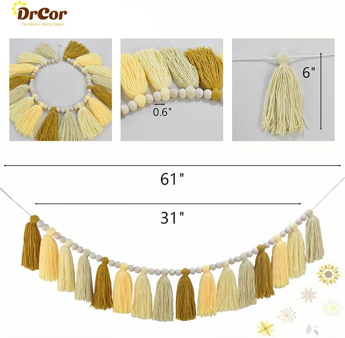 DrCor Sunflower Tassel Garland – Boho Classroom Decor | Yellow boho banner - Image 5