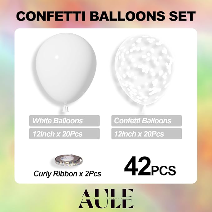 AULE 42Pcs Latex 12 Inch White Confetti Balloons Set | White Party Balloons - Image 3