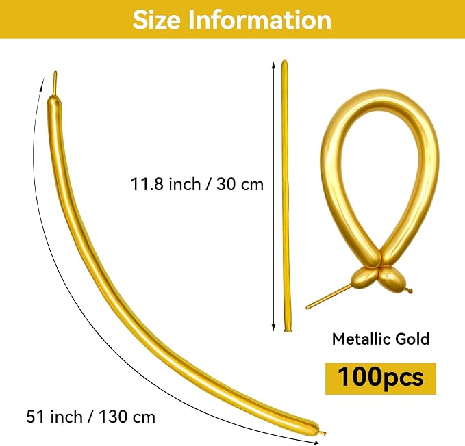 Metallic Gold Long Balloons Premium 260 Twisting Animals Magic Balloons - Image 2