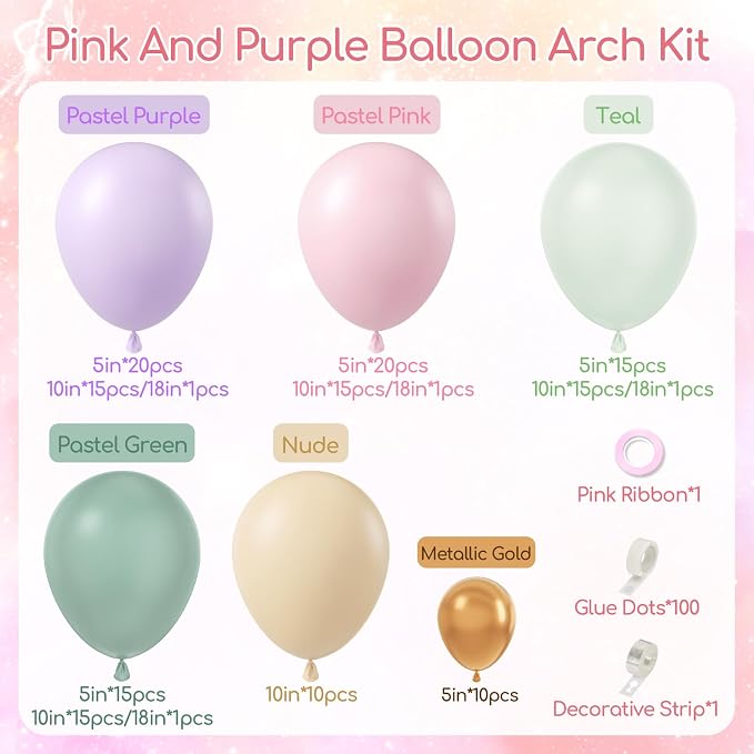 157pcs Pastel Pink and Purple Balloon Arch Garland Kit - Image 2