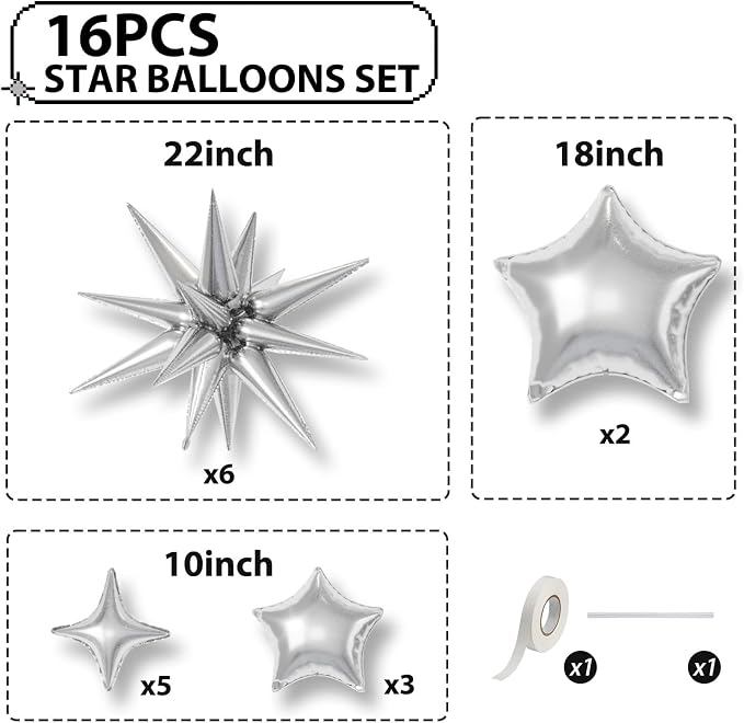 Silver Star Balloons, 22/18/10 Inch Foil Balloons, Four-Pointed Large Balloon - Image 2