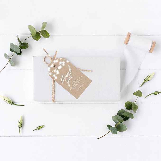 Andaz Press 100-Pack Personalized Thank You for Celebrating with Us Wedding Favor Tags with Bakers Twine Rustic String Lights Custom Cardstock Wedding Gift Tags for Party Favors 2 x 3.75-Inches