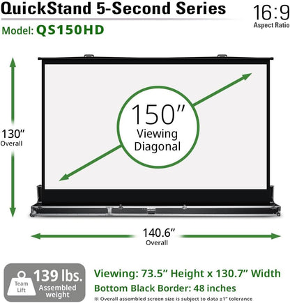 Elite Screens QuickStand 5-Second Series, 150-Inch 16:9, Manual Pull Up Projector Screen, Movie Home Theater 8K / 4K Ultra HD 3D Ready, QS150HD