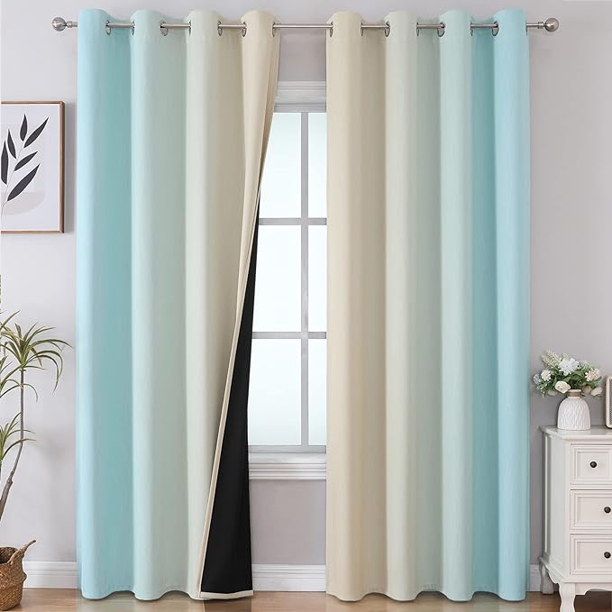 Aqua and Beige Blackout Curtains 102 Inch Length 2 Panels Set, Thermal by ESTELARTEXTILER