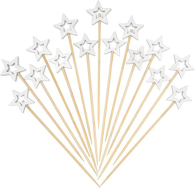 Minisland Big White Star Cocktail Picks, 5.5 Inch Long Bamboo Fancy Toothpicks for Appetizers, Decorative Independence Day Christmas Party Food Drinks Garnish Fruit Skewer Sticks 50 Counts - MSL434