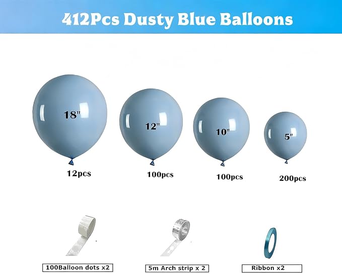 412pcs Dusty Blue Balloons Different Sizes 18 12 10 5 Inch, Slate Blue Boho - Image 2