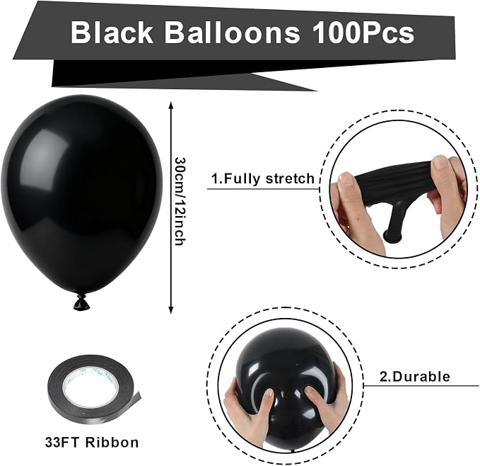 Patimate Latex Matte Black Balloons 100pcs 12 Inch | Black Balloons - Image 3