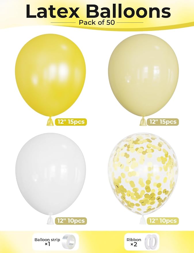 Yellow and White Balloons, Pastel Yellow and White Party Balloons | 50Pcs - Image 3