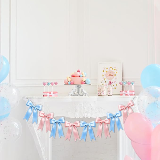 2 Strings of 16PCS Baby Pink&Baby Blue Bow Garlands Banner Decoration, - Image 4