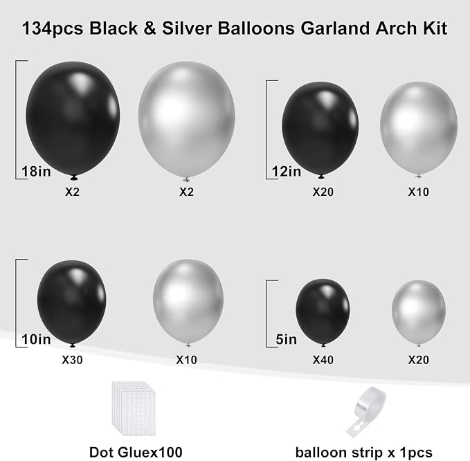 Black and Silver Balloons Arch Garland Kit, Graduation, Baby Shower, Disco New - Image 2