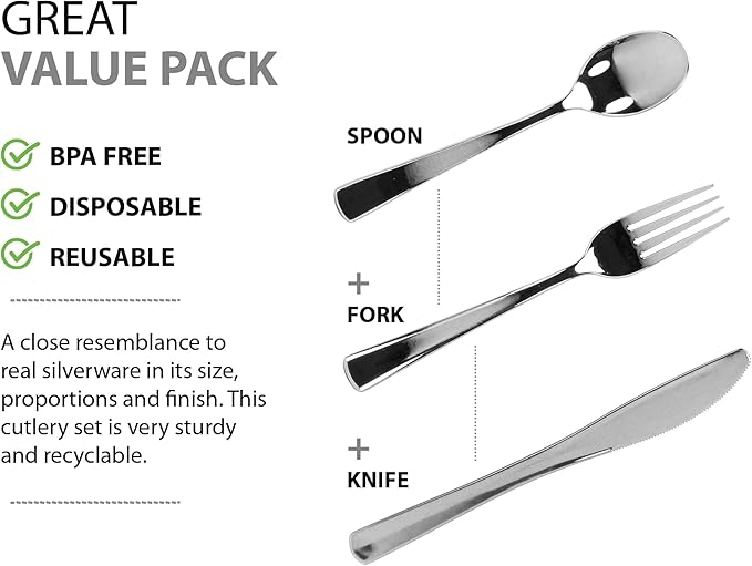 Plastic Cutlery Silverware Extra Heavyweight Disposable Flatware, Full Size Cutlery Combo, Polished Silver, 80 Forks, 40 Spoons, 40 Knifes, Value Pack 160 Count