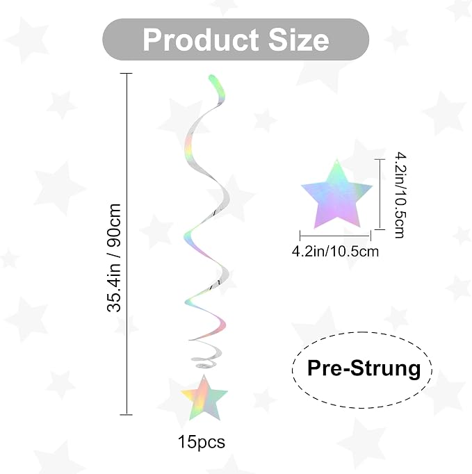 BEISHIDA Silver Stars Iridescent Hanging Swirls Pre-Strung Stars Hanging - Image 2