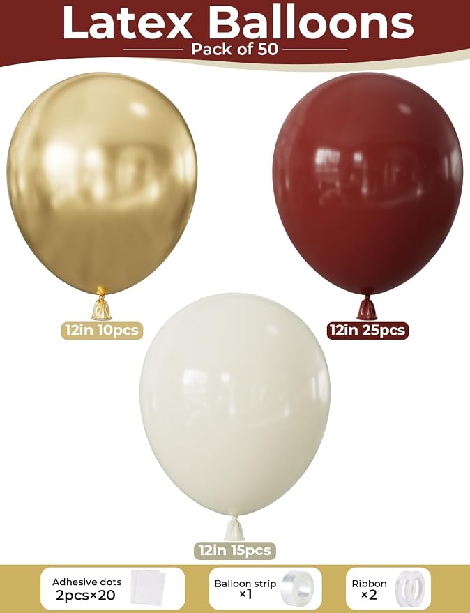 Burgundy and Gold Balloons, Metallic Gold and White Sand Latex Balloon - Image 4