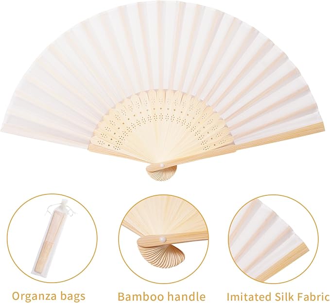 Sepwedd 50pcs Cream-Coloured Imitated Silk Fabric Bamboo Folded Hand Fan Bridal - Image 2