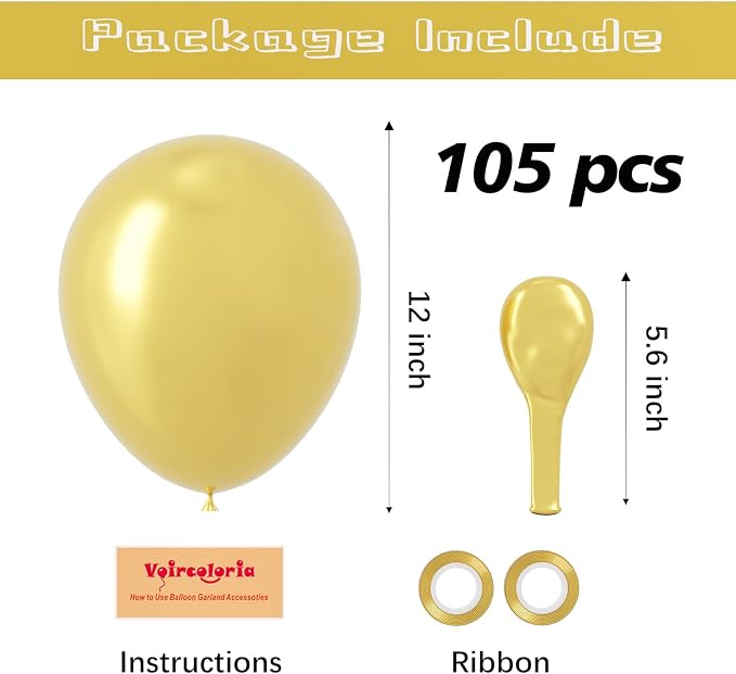 Voircoloria 105pcs Metallic Gold Party Latex Balloons, 12inch | - Image 2
