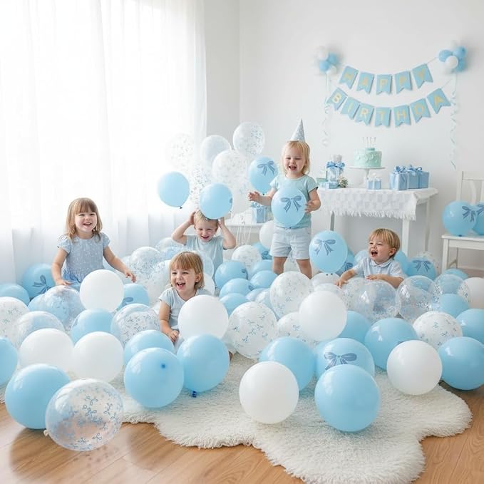 Blue and White Balloons Set, 12 Inch Light Baby Blue White Clear Bow Latex - Image 4