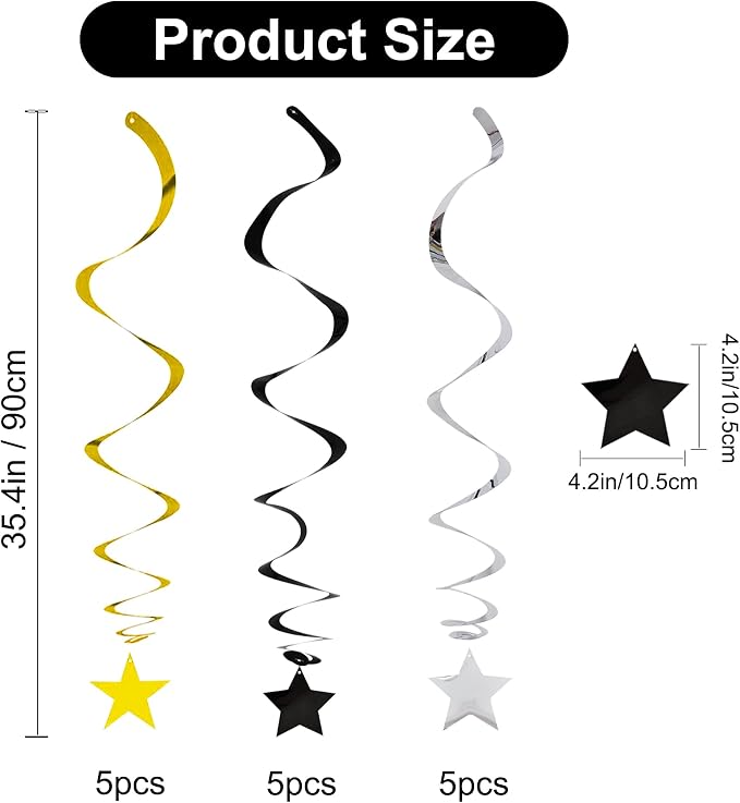 BEISHIDA Black Gold Silver Star Hanging Swirl Decorations, Graduation Birthday - Image 3