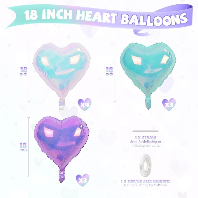 Iridescent Heart Balloons, 18 Inch Transparent Gradient Blue Purple Foil - Image 2