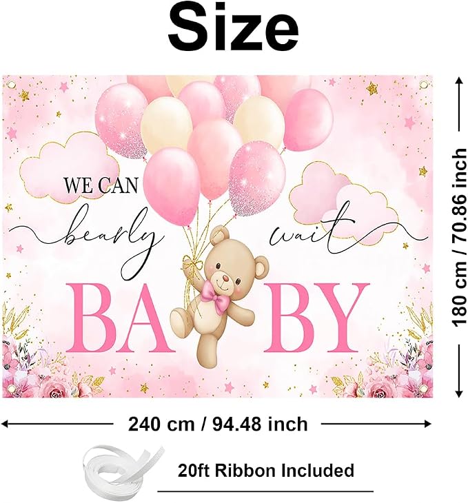 Mocsicka We Can Bearly Wait Backdrop Pink Bear Baby Shower Banner Girl Bear - Image 5