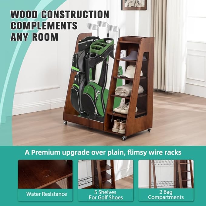 Wooden Golf Bag Organizer for Garage, Holds 2 Full-Size Bags with Shoe & Accessory Storage, Black Finish Wood Golf Equipment Rack for Home, Shed, or Basement