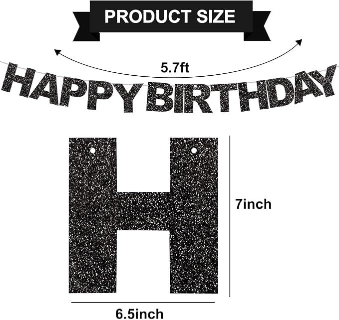BEISHIDA Pre-Strung Glitter Black Happy Birthday Banner Party Sign Decor | NO - Image 2