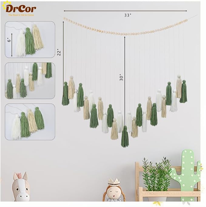 DrCor Sage Green Boho Tassel Garland Wall Hanging Decor | Handcrafted yarn - Image 5