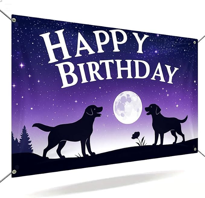 Happy Birthday Banner 71x43 Inch Dog Silhouette Moon Night Sky Backdrop by ActFirst
