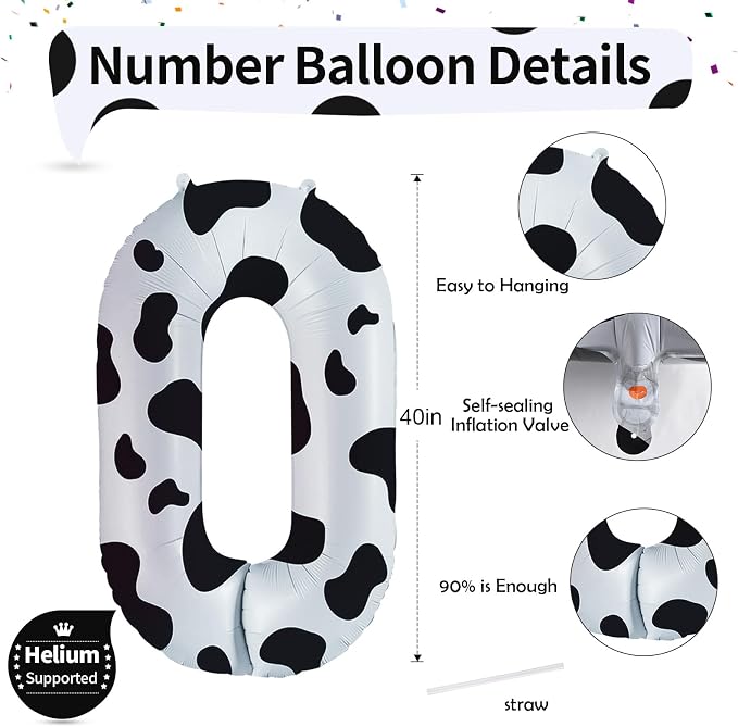 Cow Print Number Balloons for Kids, 40 Inch Foil Helium 0-9 Set Balloons - Image 2
