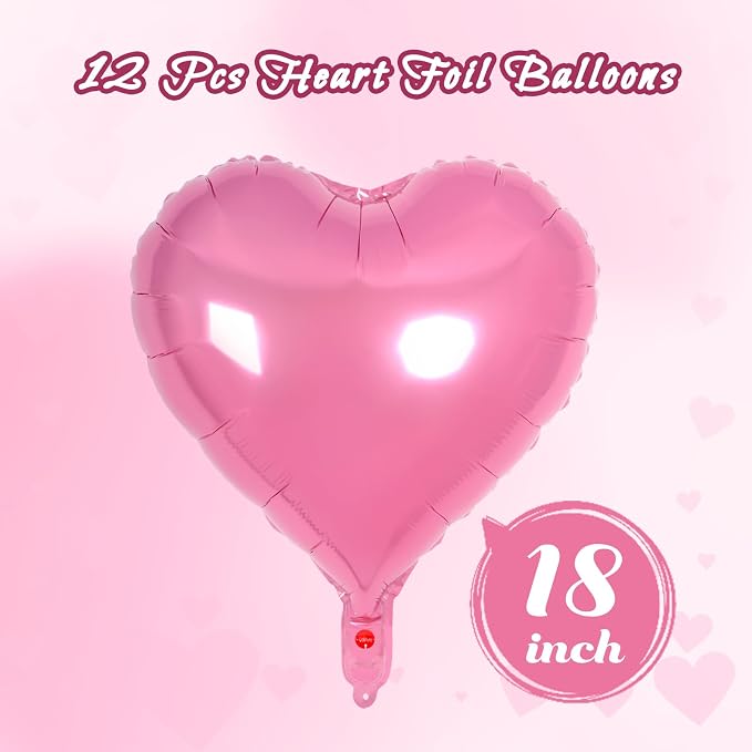 12 Pcs Pink Heart Balloons, 18 Inch Heart Foil Balloons Love Balloon Valentine - Image 2