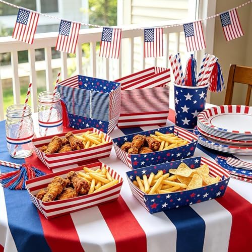 50 Pcs Patriotic Party Snack Trays, Disposable American Flag Paper Serving Boats, Red White and Blue Food Trays for July 4th, Memorial Day & USA Themed Events – 2 Designs - Image 3