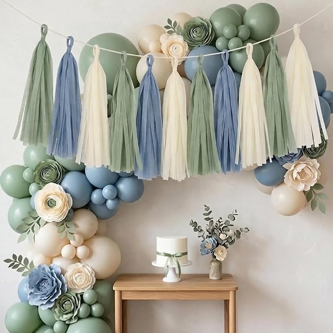 15PCS Dusty Blue Sage Green Ivory Party Tissue Tassel Garland Decorations - Image 6