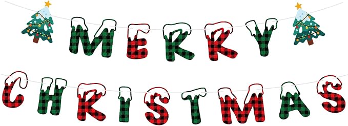 Merry Christmas Banner Indoor, Pre-Strung Mantle Christmas Decor, Buffalo Plaid by SerpizePaty