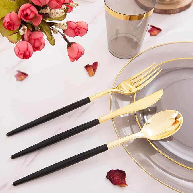 Supernal 180pcs Black Plastic Dinnerware Set Include Gold and Black Plates,Clear Disposable Plates,Gold Plastic Silverware，Clear Cups Suit for Party, Birthday