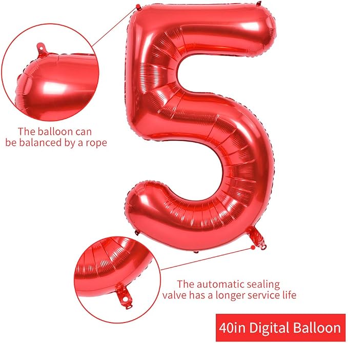 TONIFUL 40 Inch Red Number 5 Balloons Large Foil 5th Birthday Decorations | Red - Image 2