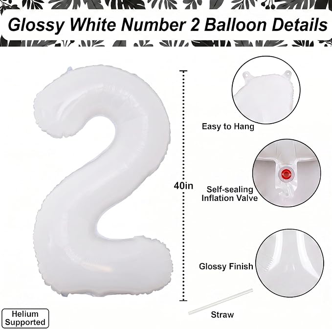 White Number 2 Balloon 40 Inch, Large Mylar Foil Two Balloon - Image 4