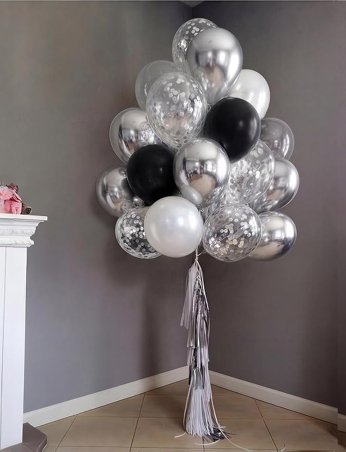 Black and Silver Balloons, Glitter Confetti Latex Balloon - Image 7