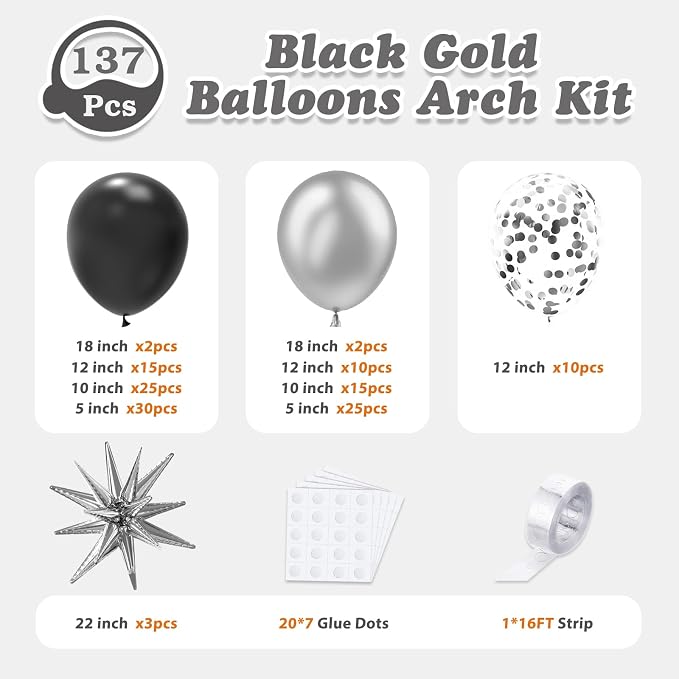 LOOLEY 137Pcs Black and Silver Balloons Garland Arch Kit w Stars - Image 3