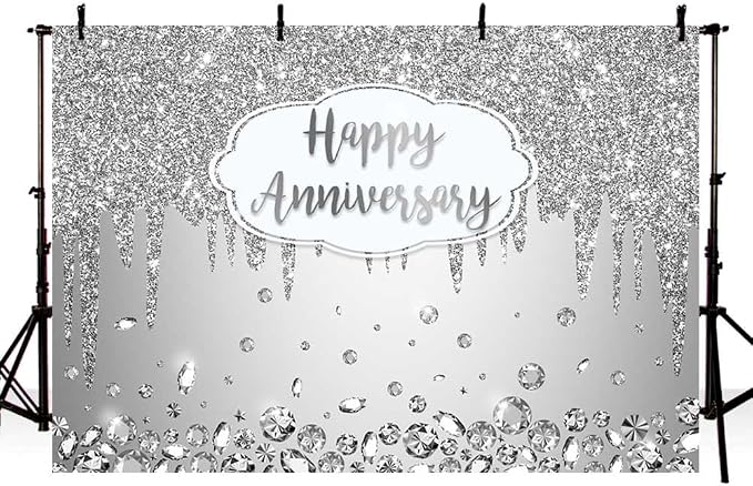 AIBIIN 7x5ft Happy Anniversary Backdrop Silver Dripping Glitter Crystals - Image 3