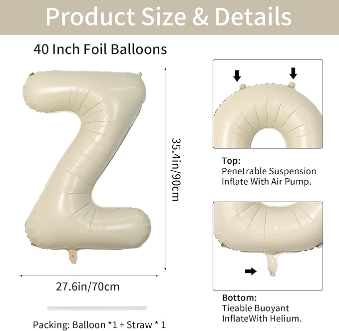 Biapian 40 Inch Letter Z Balloons, Giant Cream Z Foil Balloon, Big Single - Image 2