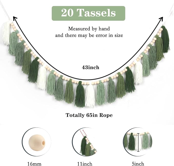Green Boho Yarn Tassel Garland Sage Green Garland Wall Hanging Decor Forest - Image 3