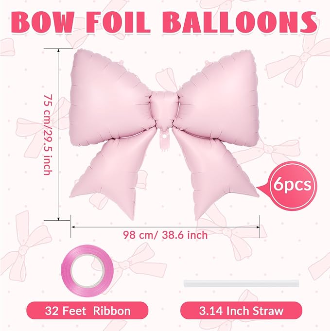 6 Pcs Pink Bow Balloons for Girls, 35 Inch Bow Foil Balloons - Image 2