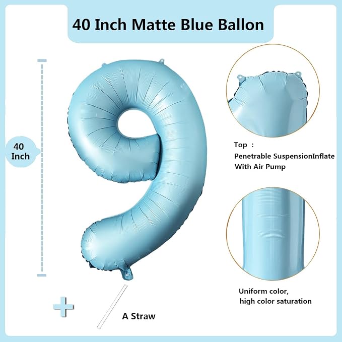 40 Inch Matte Blue 9 Number Balloons Light Blue Number 9 Foil Balloon Mylar - Image 2