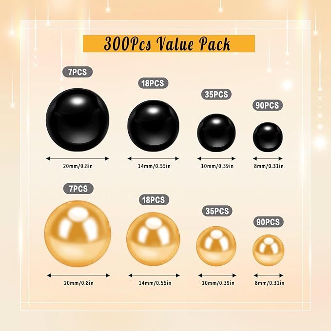 300Pcs Pearl Vase Filler, Black Gold No Hole Faux Pearl Beads for Centerpieces Vases, Candle Centerpieces, Wedding Birthday Party Home Decor 8/10/14/20mm