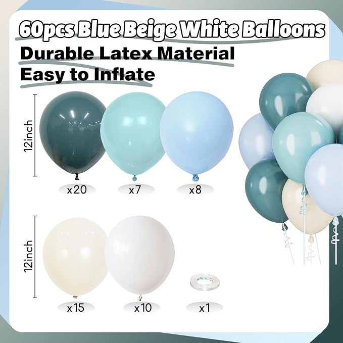 Blue White Balloons Dusty Blue White Beige Balloons 60PCS 12INCH Slate Blue - Image 4