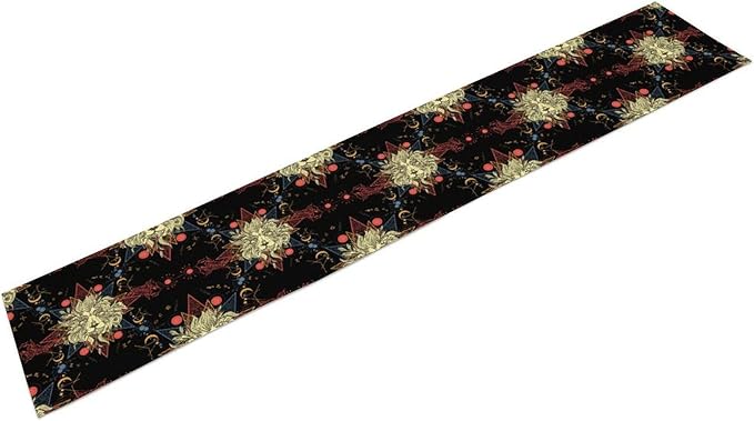 Boho Moon Lion Table Runner, Chinese Fish Phase of The Moon Sun Moon Table Runner for Kitchen Dining Table Home Party,13x60 Inch Black Red