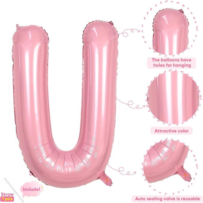 Pink Letter Balloon U, 40 Inch Big Pastel Pink Foil Helium Alphabet U Letter - Image 3