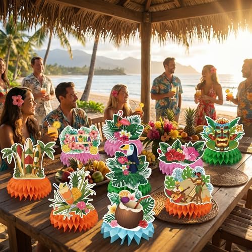 Luau Party Decorations - 9 PCS Hawaiian Honeycomb Table Centerpiece for Tiki and Love Island Hawaiian Theme Party Favors Supplies | Tropical Party Decorations for Summer Beach Pool Birthday Wedding - Image 6